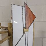 Pine wood floor lamp with handmade stained glass in Japandi style.