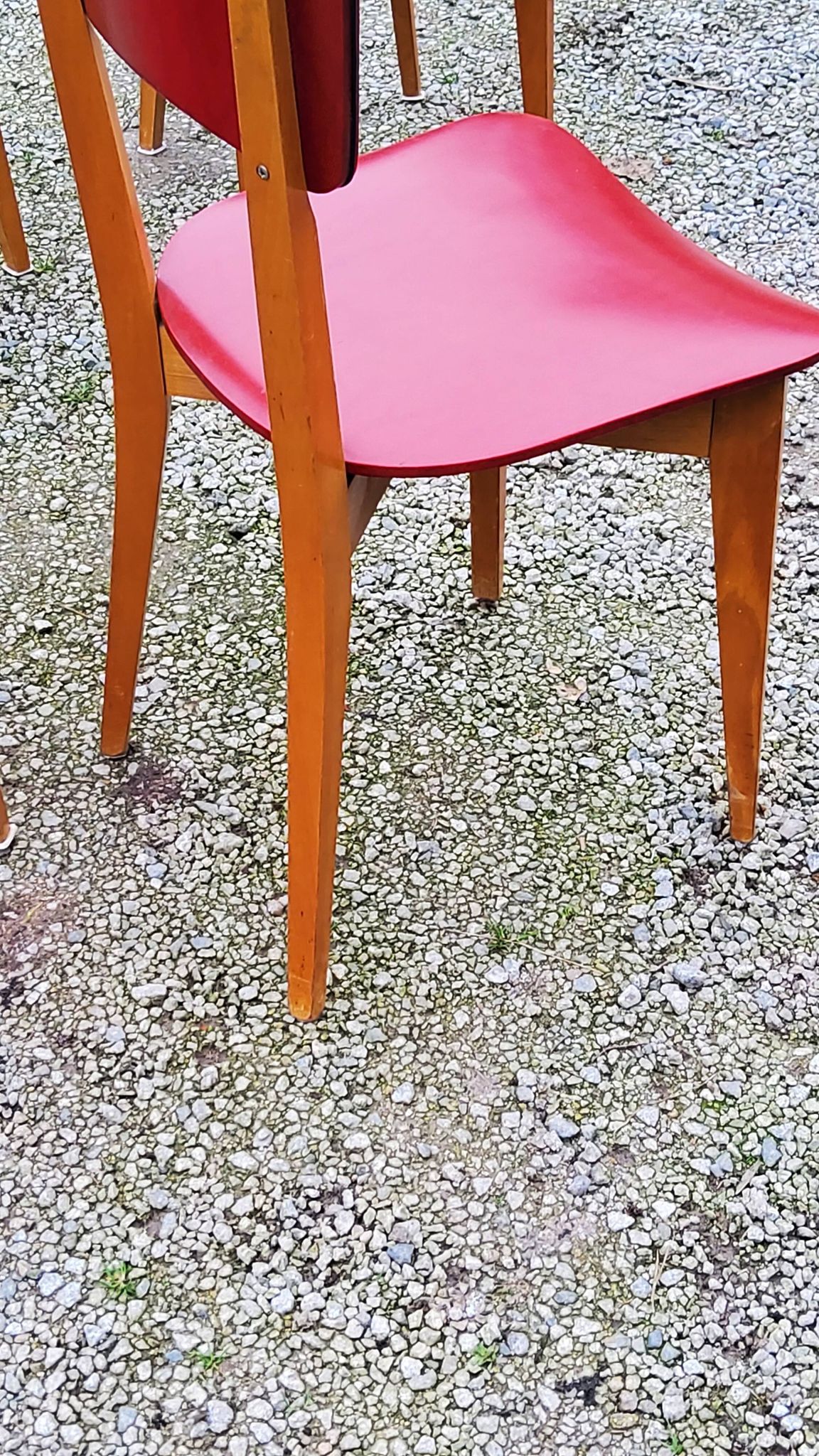 Set of 4 vintage chairs from the 50s in blond beech and red leatherette