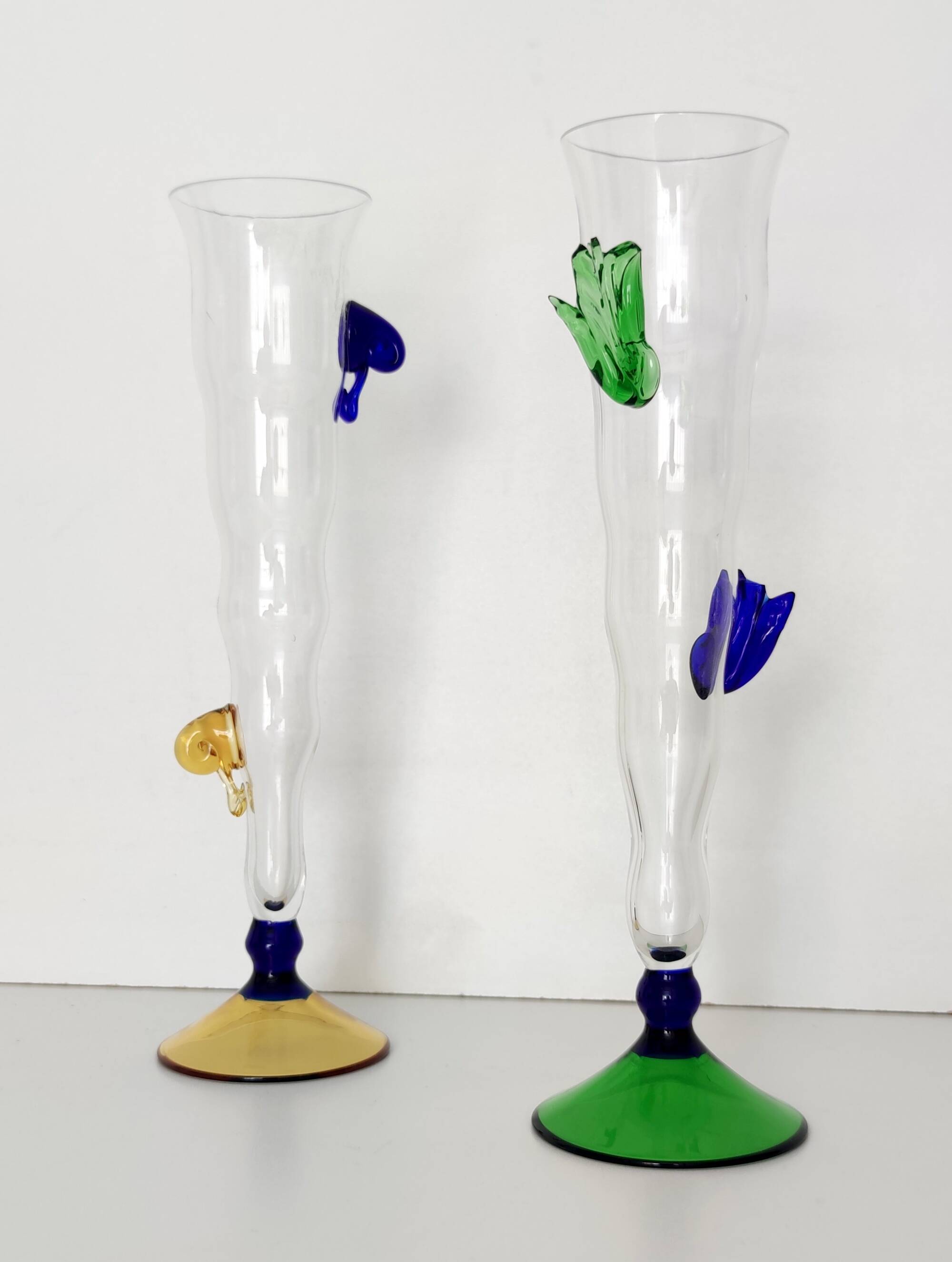 Pair of Transparent Murano Glass Flutes with Colored Details, Italy, 1980s