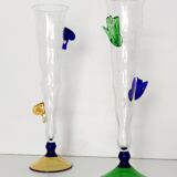 Pair of Transparent Murano Glass Flutes with Colored Details, Italy, 1980s