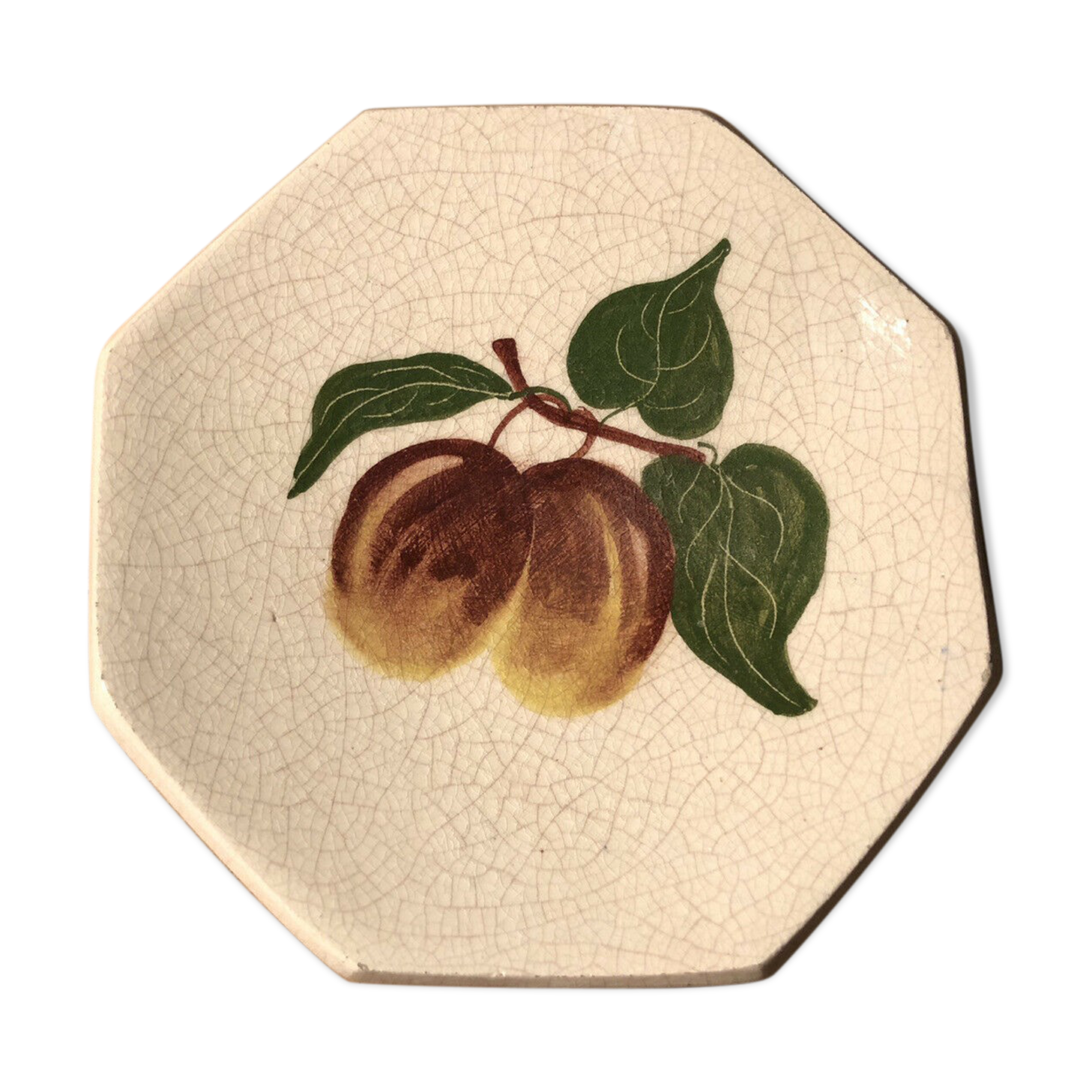 Empty cup pocket in cracked earthenware decoration plums signed Lauray