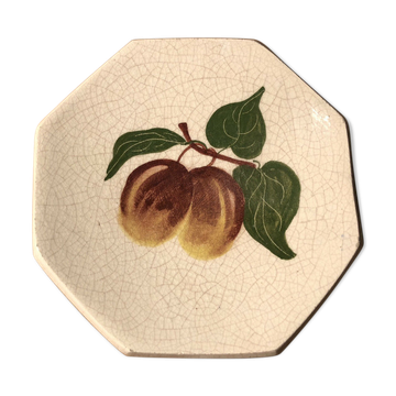Empty cup pocket in cracked earthenware decoration plums signed Lauray