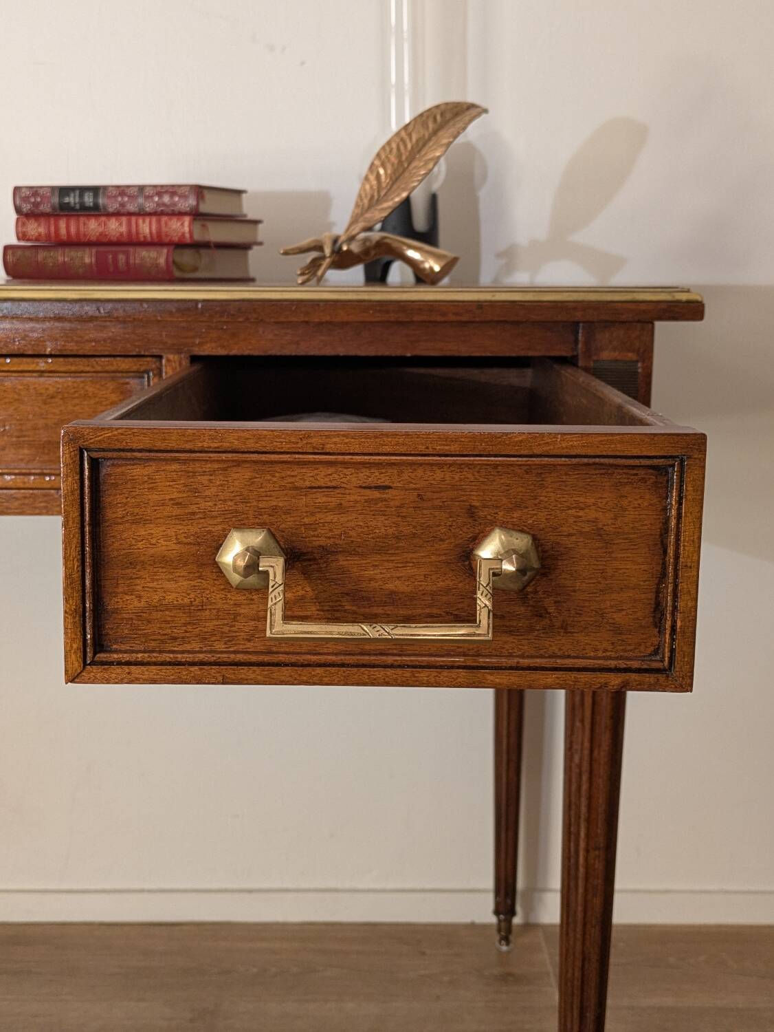 Antique Louis XVI style vintage desk, leather, brass, cherry wood