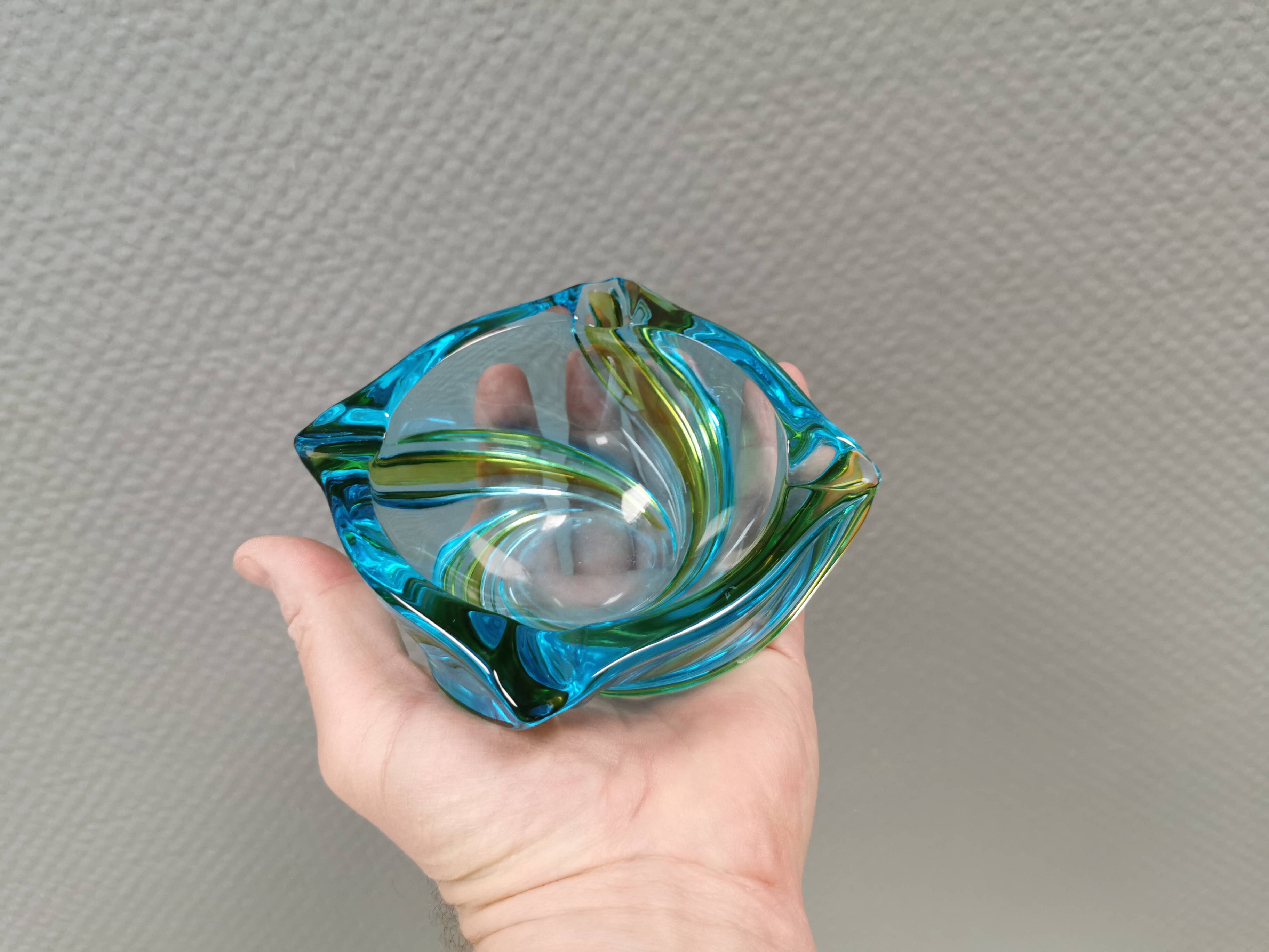 Beautiful ashtray in multicoloured glass. We guess Italy, 1980s.