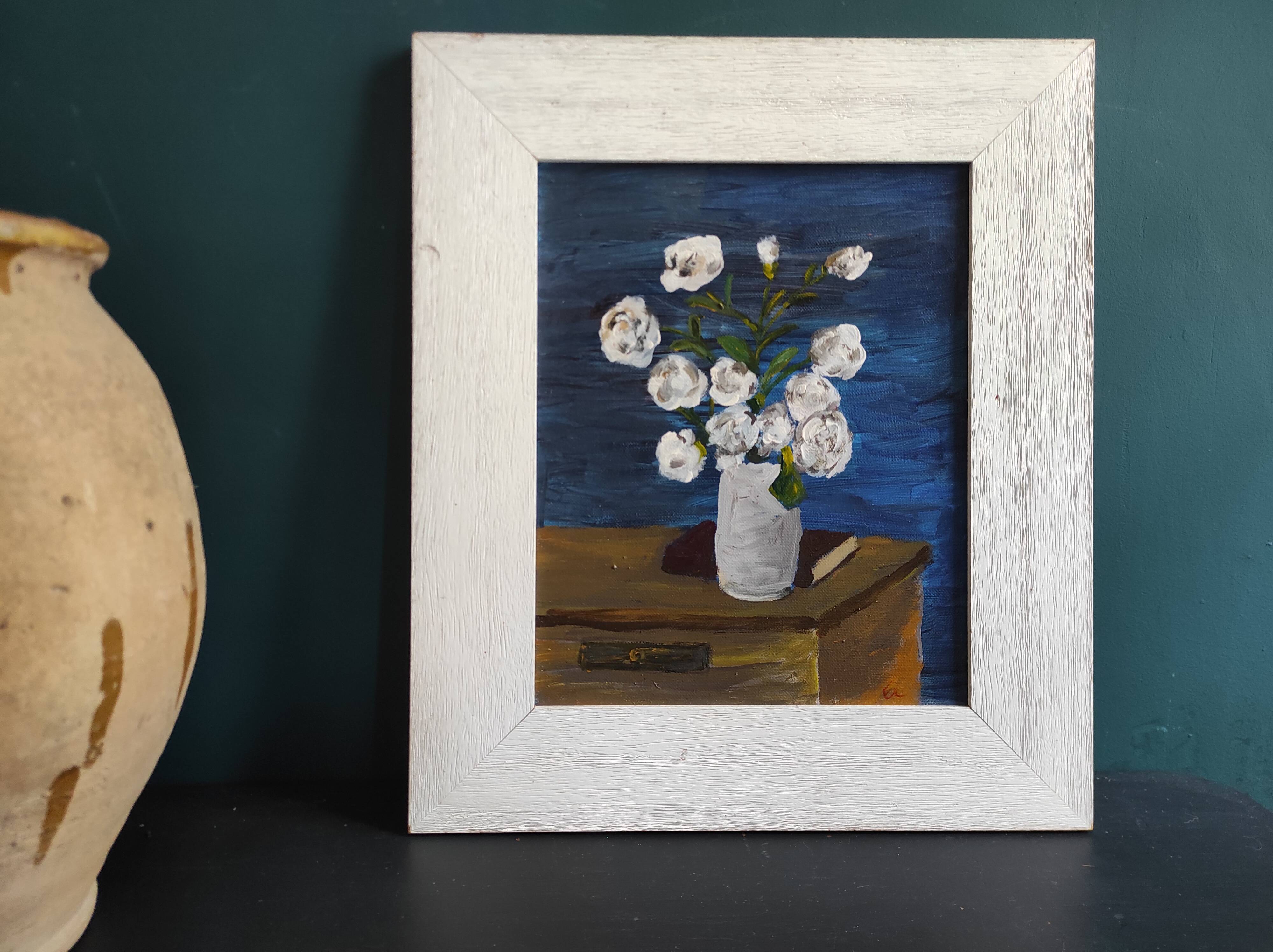 French vintage oil painting of flowers signed EC