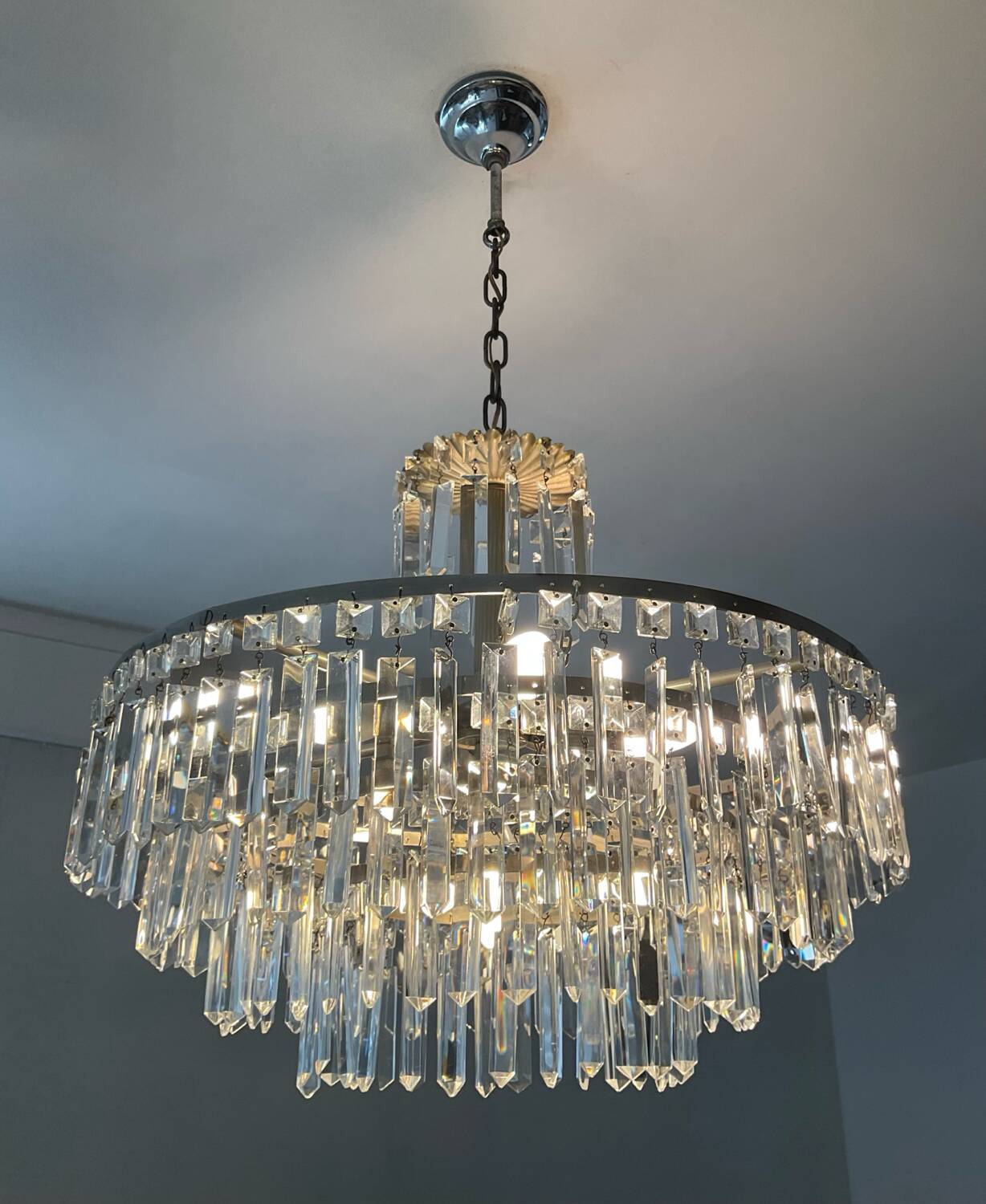 Large crystal chandelier with cascade of pendants from the 60s and 70s