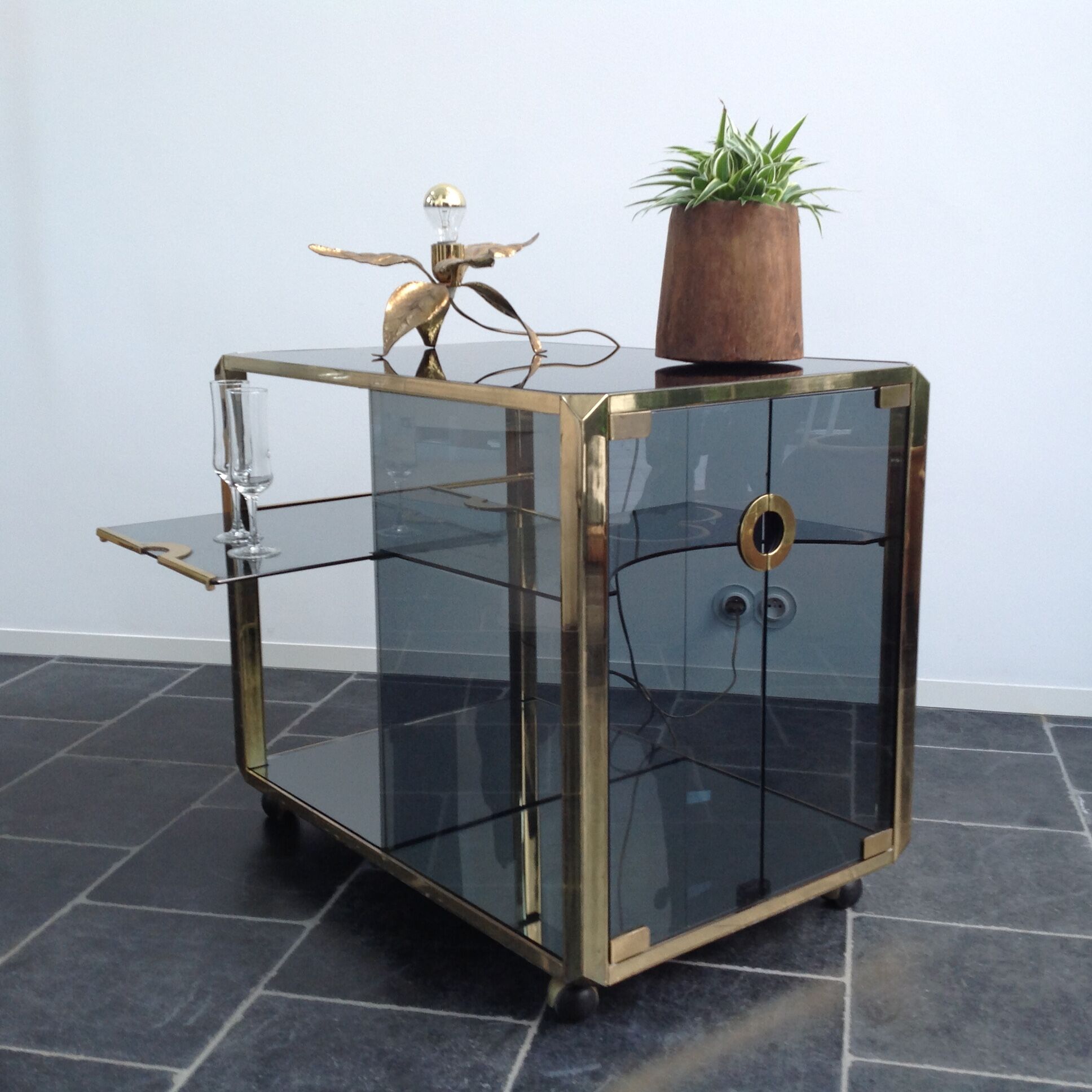 Bar Trolley in Brass & Smoked Glass by Mario Sabot, 1973