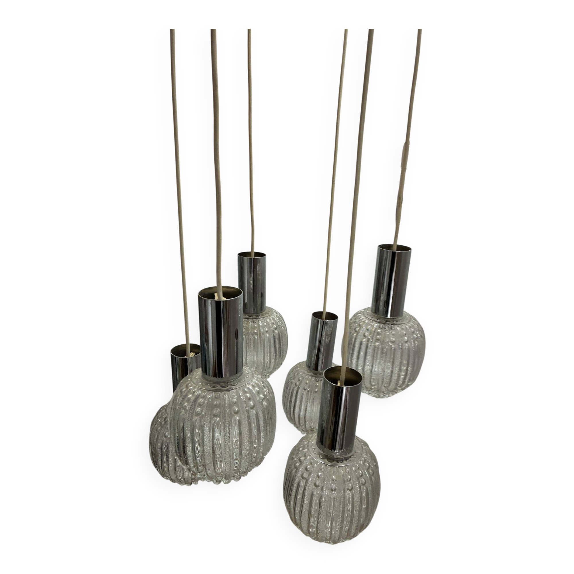 Sölken Leuchten cascade pendant lamp, textured glass and chrome, 1970s