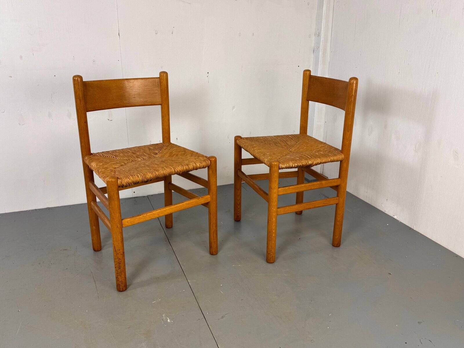 Vintage oak and rush chairs by J Van Heuvel for Advorm, 1950s, set of 2