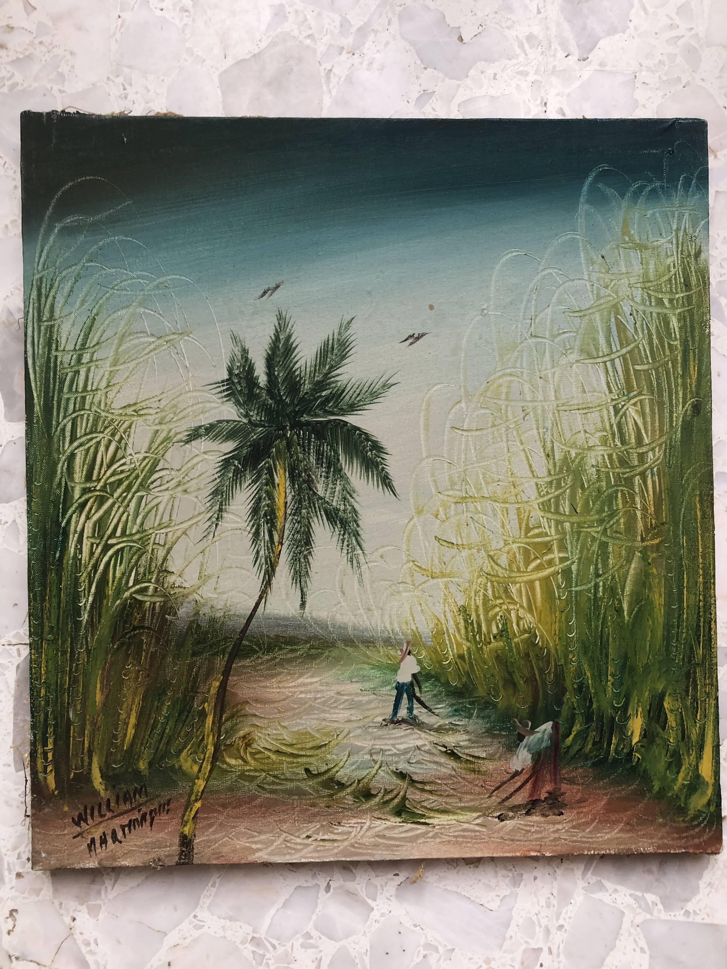 Painting oil on canvas the sugar cane cup in martinique signed william 1980, antilles hst