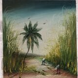 Painting oil on canvas the sugar cane cup in martinique signed william 1980, antilles hst