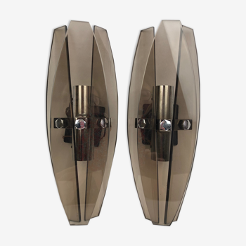 Pair of smoked glass and chrome sconces, Veca Fontana Arte model, 1970