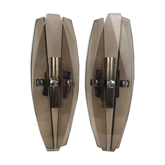 Pair of smoked glass and chrome sconces, Veca Fontana Arte model, 1970