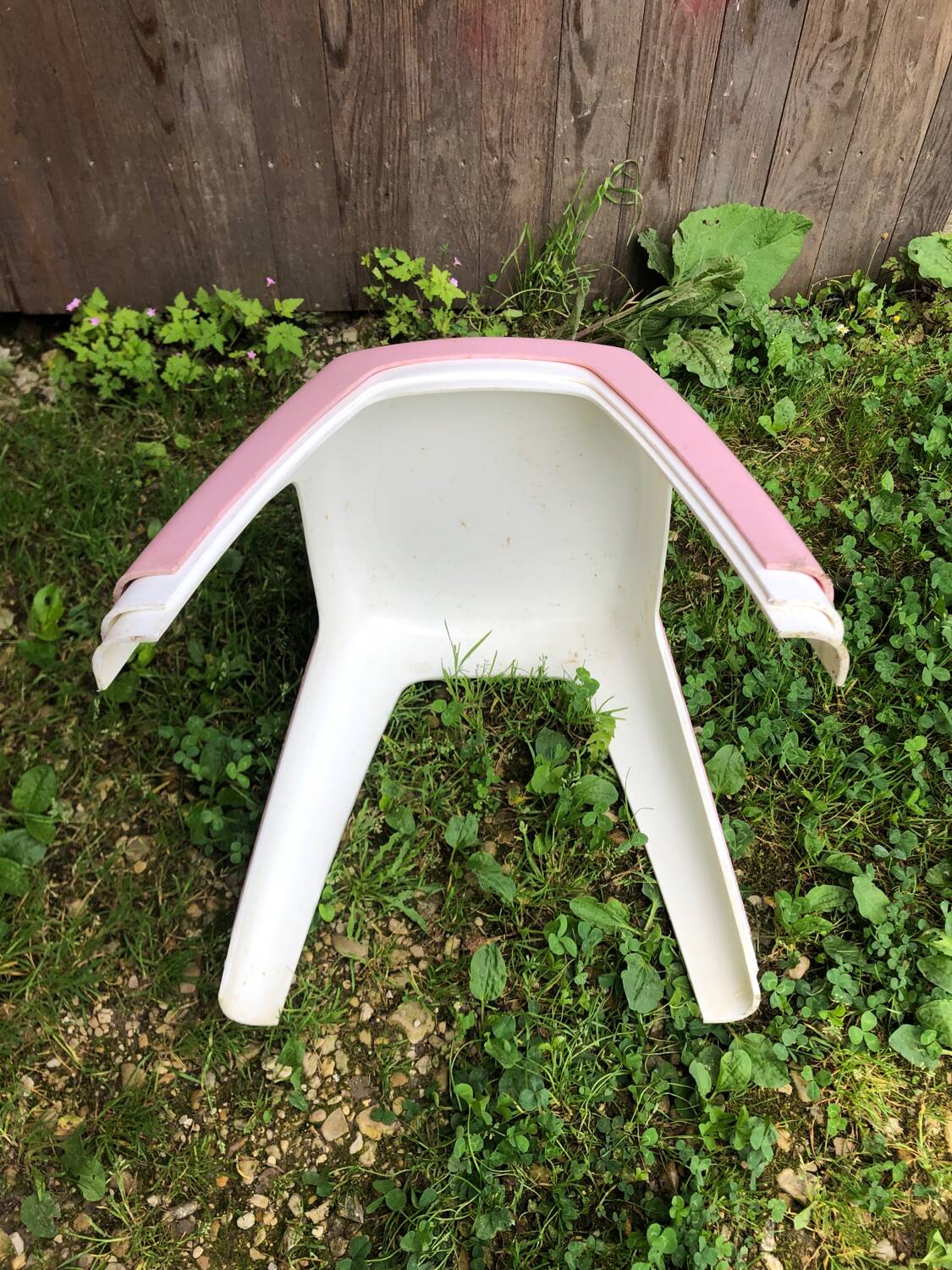 Series of 3 old vintage white & pink plastic stools