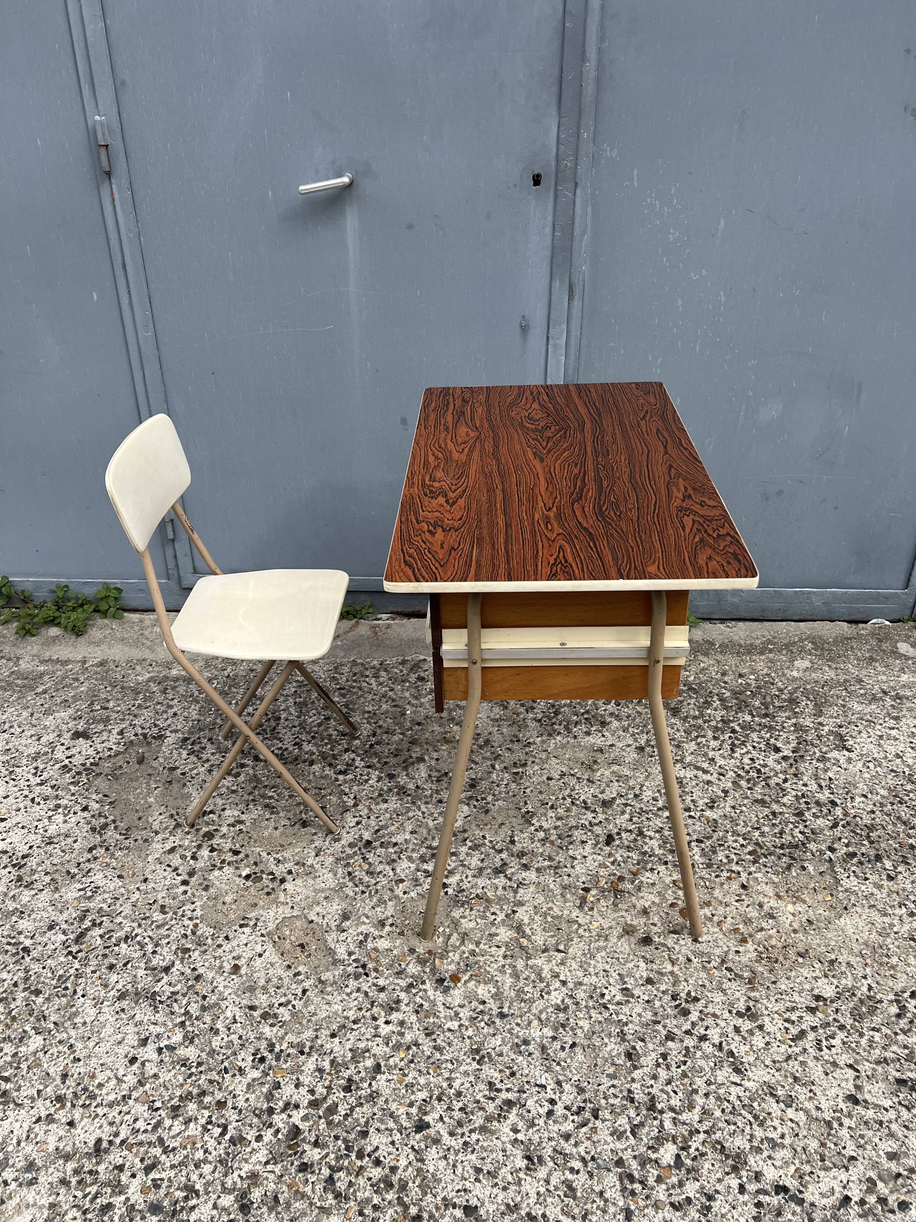 Small vintage desk with formica drawers and 70s chair