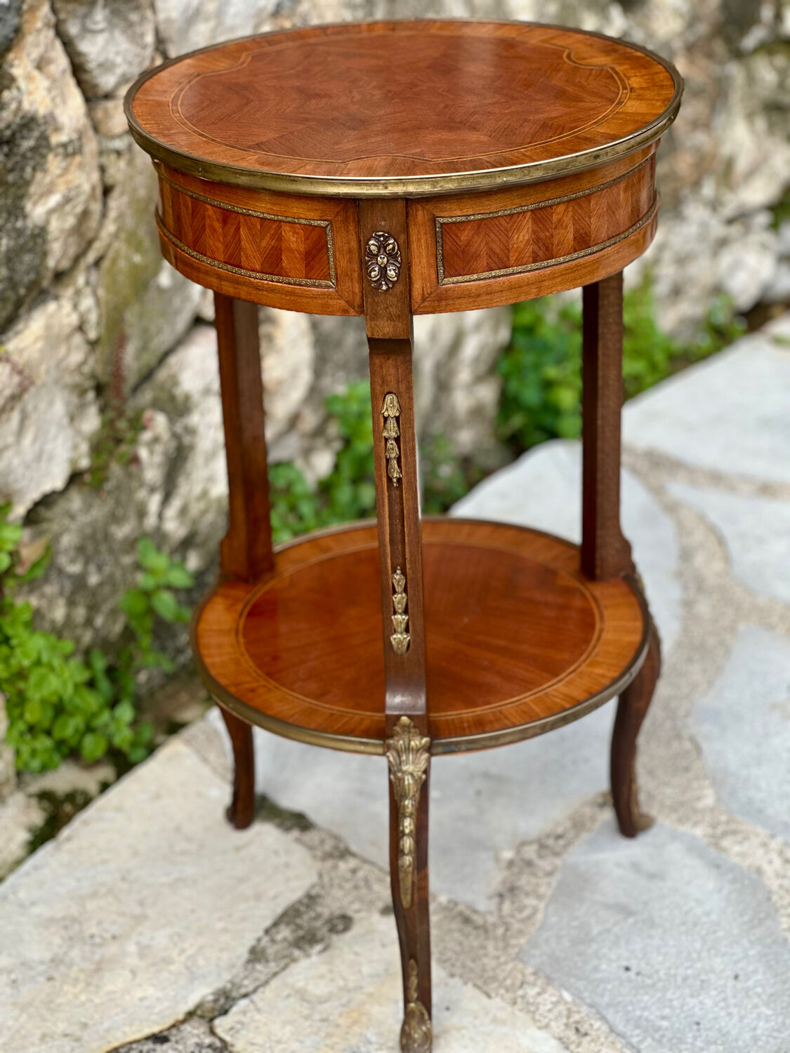 Small side table in precious wood marquetry in the Louis XV style.