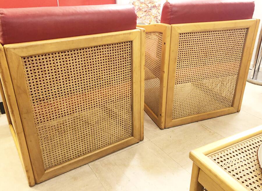 Pair of vintage wooden and caned armchairs – 1980