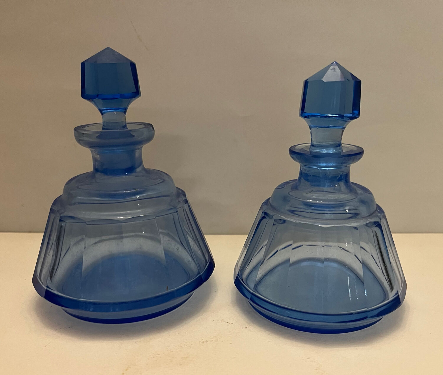 Pair of blue glass perfume bottles