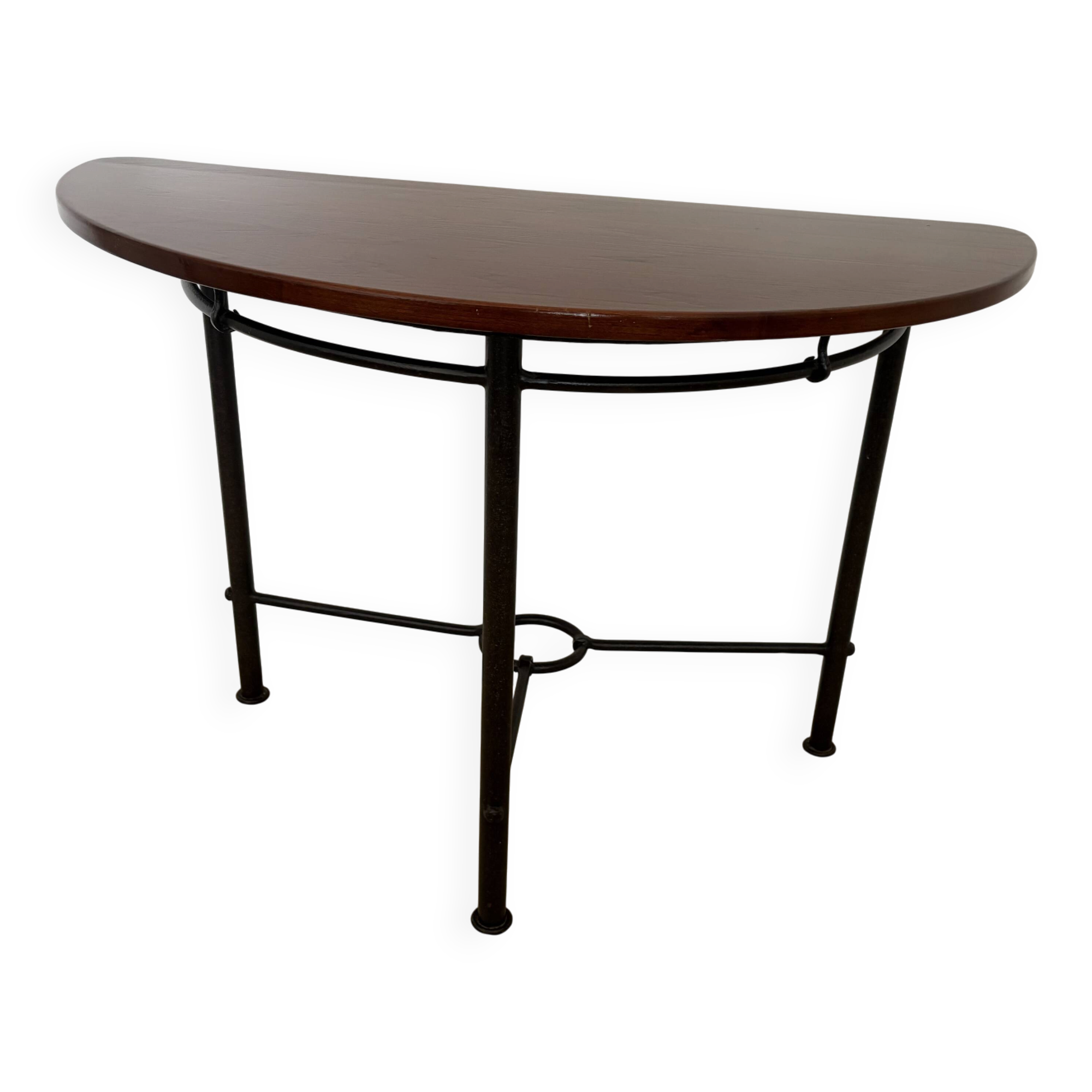 Half-moon console grange in solid cherry wood and wrought iron with a glass top.