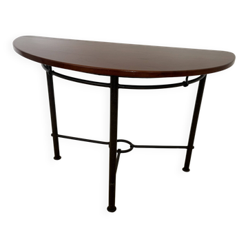 Console demi-lune grange en merisier massif et fer forgé avec dessus verre