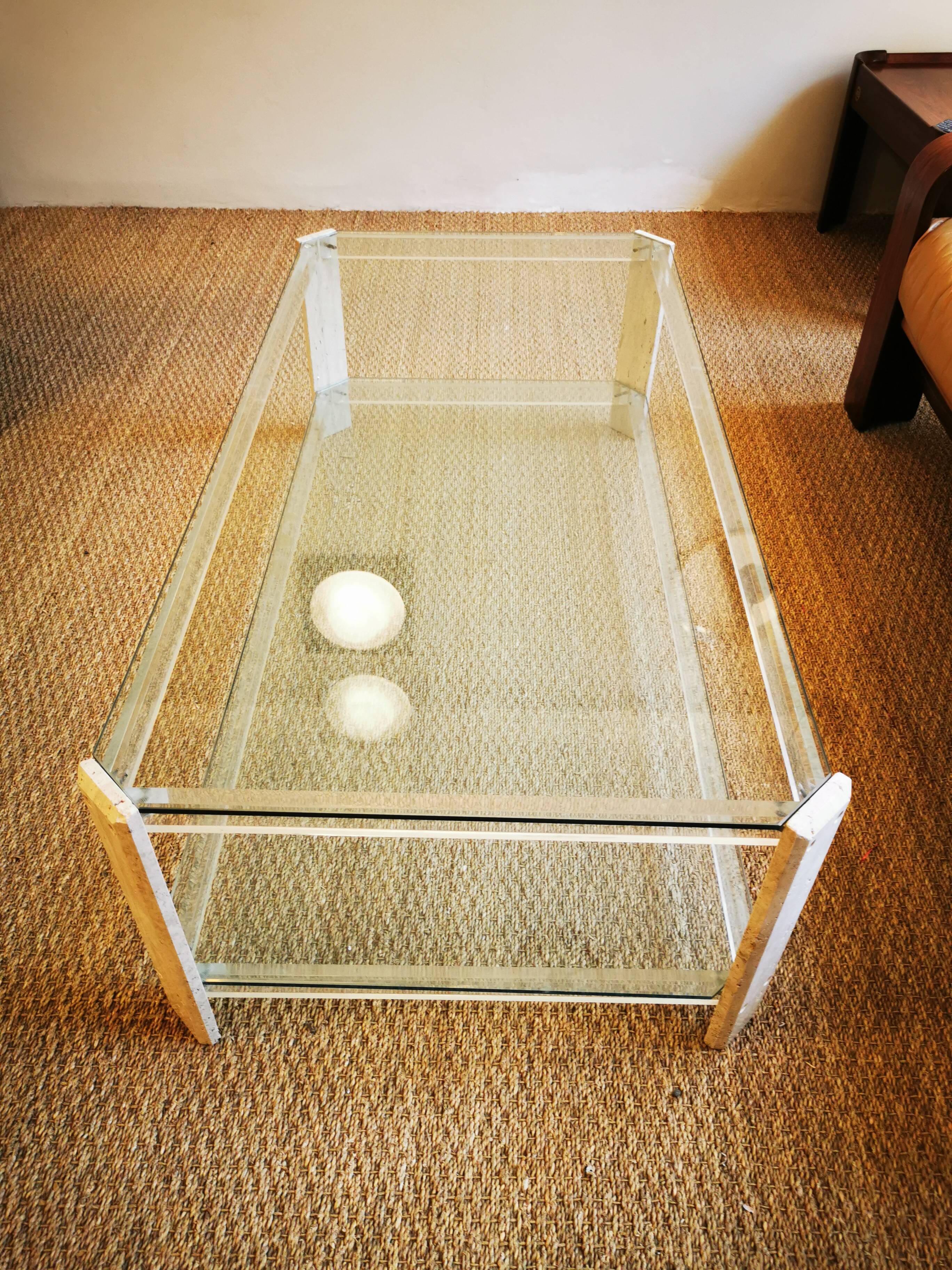 Italian travertine, perspex and glass coffee table, circa 1970