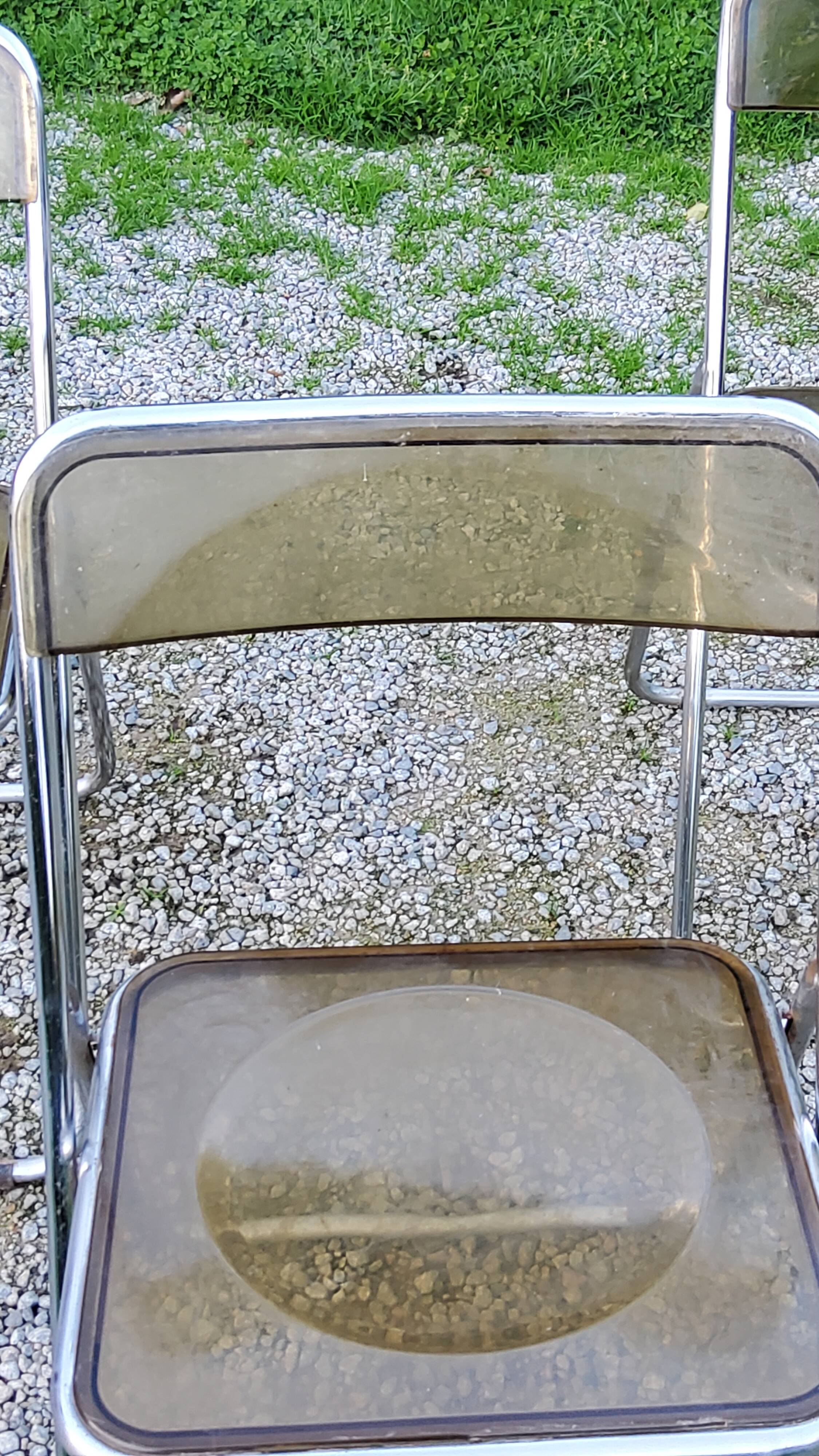 Set of 4 70s design folding chairs in smoked plexiglass and chrome metal