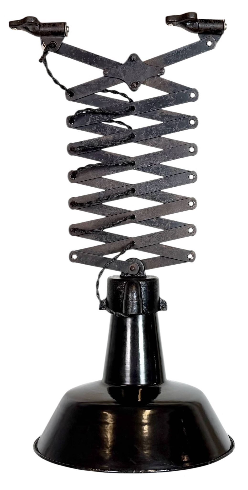 Lampe de plafond industrielle en émail noir à forme de ciseaux, années 1930