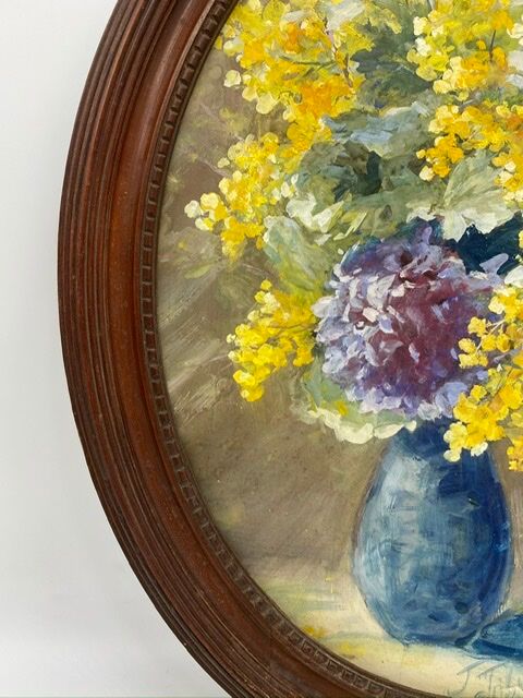 Old painting, still life with mimosas, signed, 60s/80s
