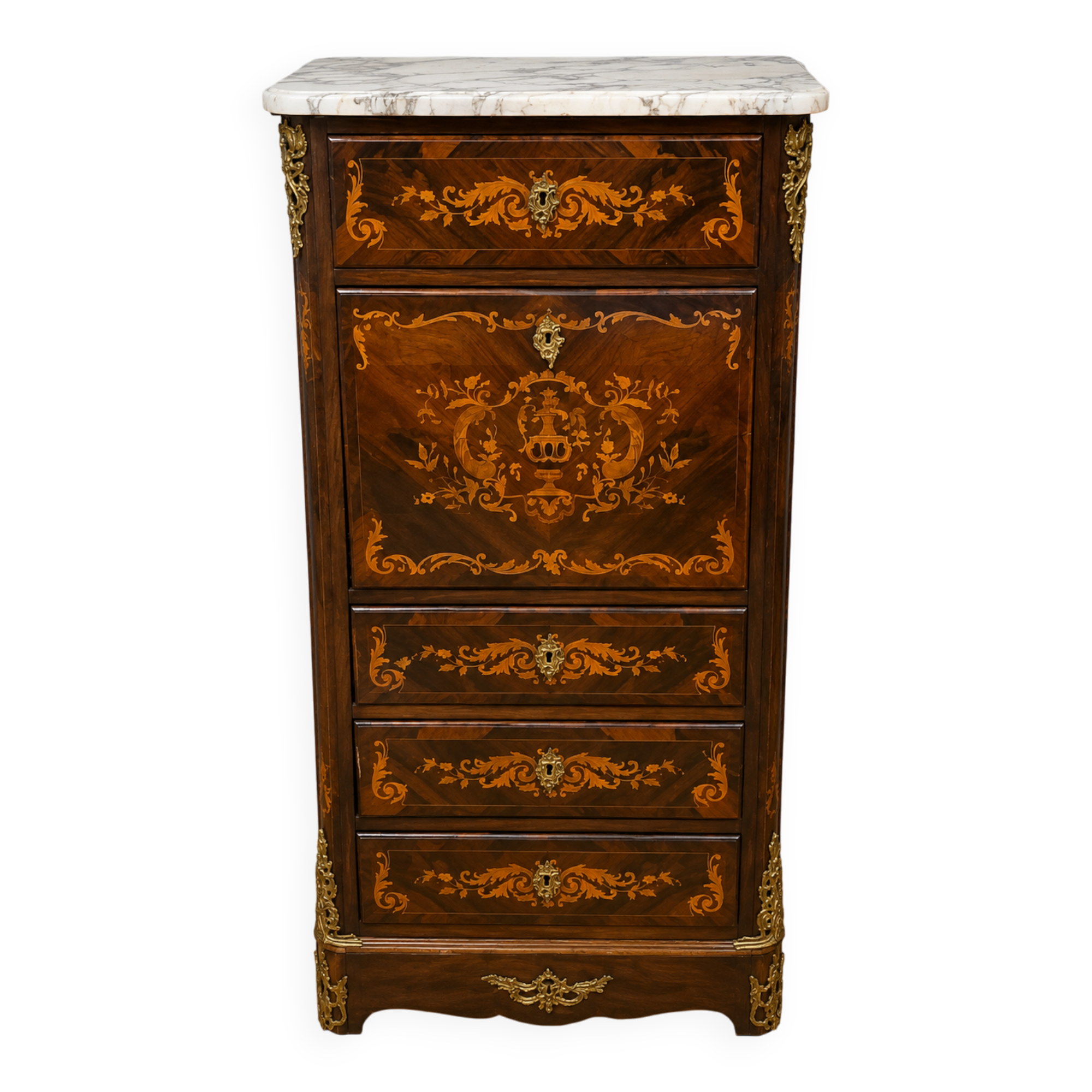 Secretary with a drop-leaf in precious marquetry wood in the Louis XV style.