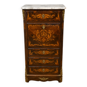 Secretary with a drop-leaf in precious marquetry wood in the Louis XV style.