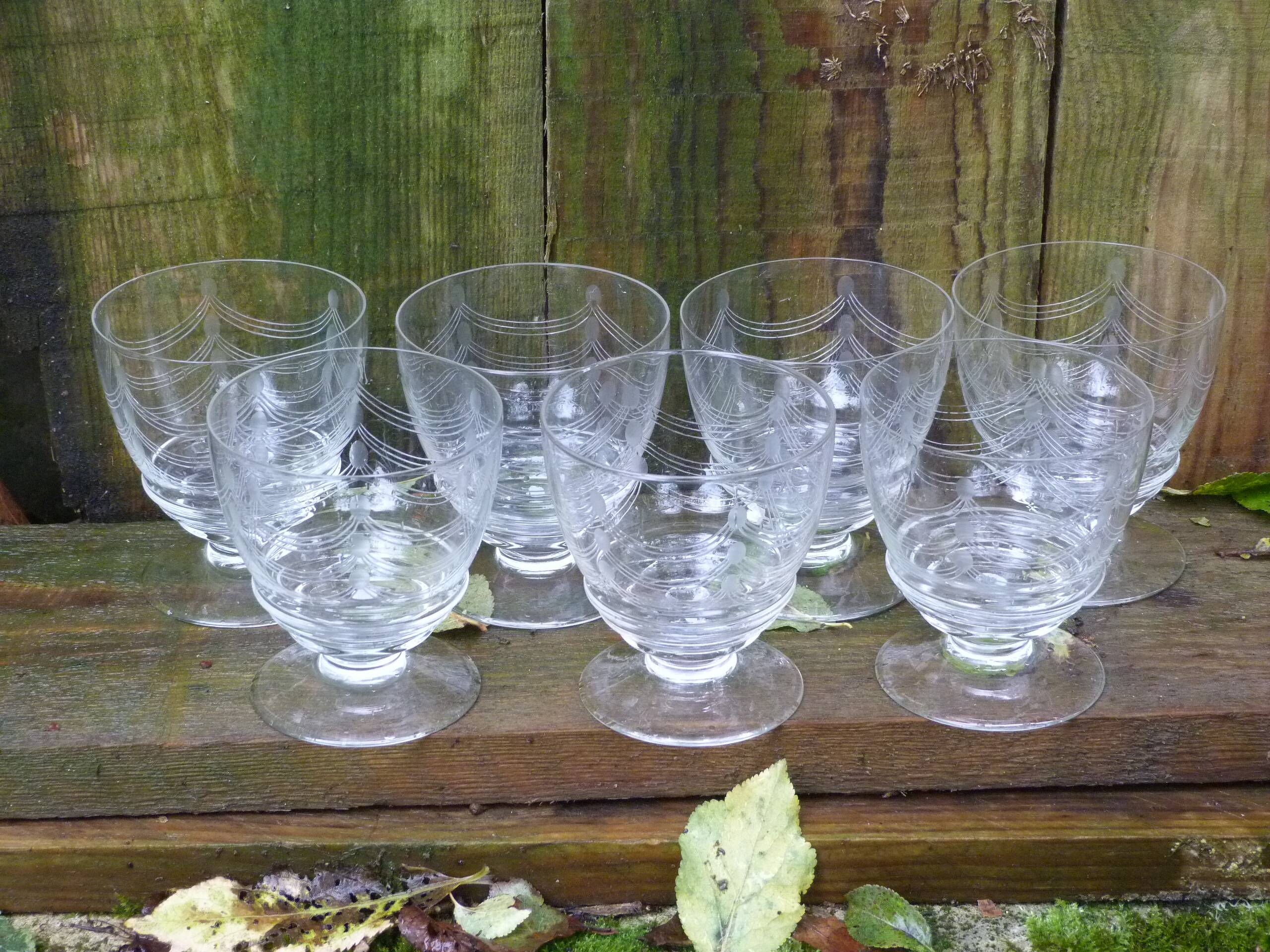 Antique engraved crystal stemmed wine glasses set of 7