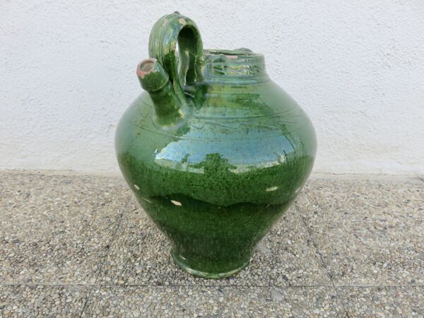 Ancienne jarre à huile en terre cuite vernissée vert, fin XIXème