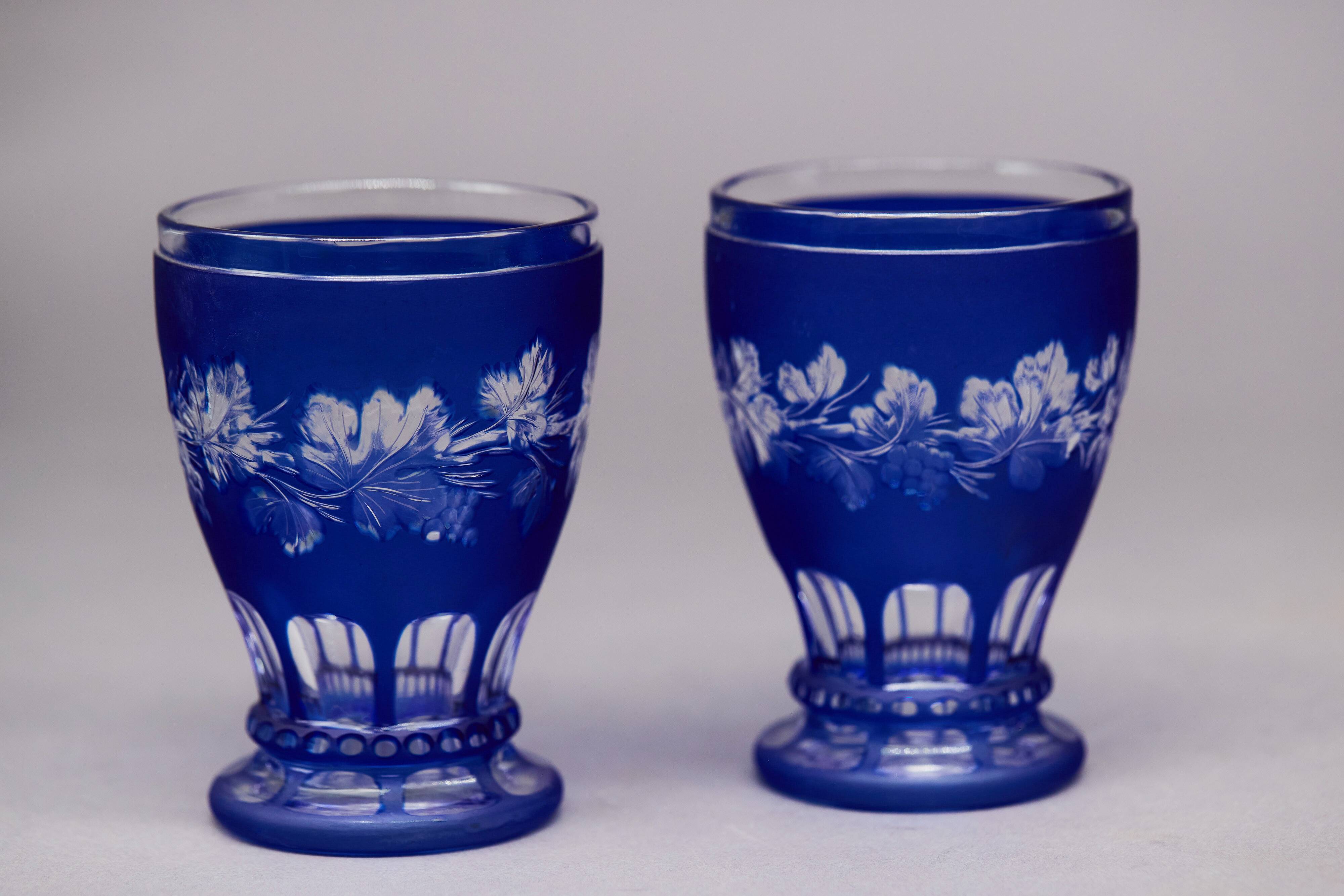 Pair of cut cobalt blue Bohemian crystal glasses on stems — Circa 1900