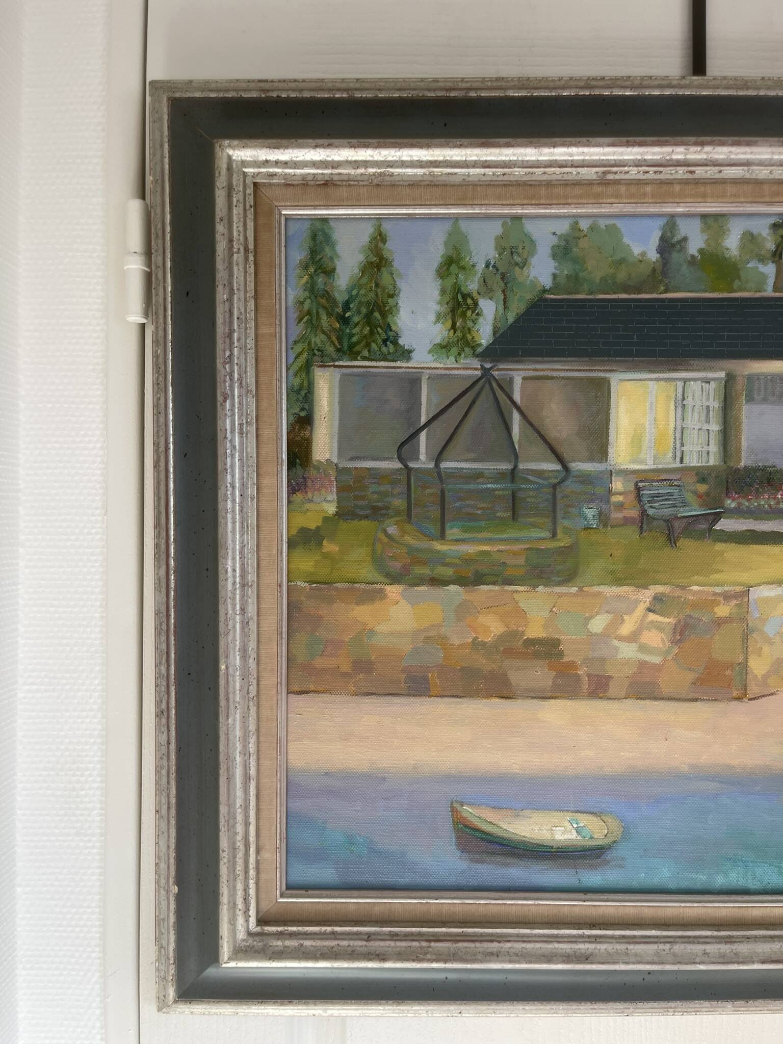Old Oil Painting Canvas House Beach Boat Sea Village 80x70cm