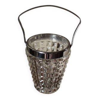 Ice cube bucket Chiseled glass Vintage metal handle