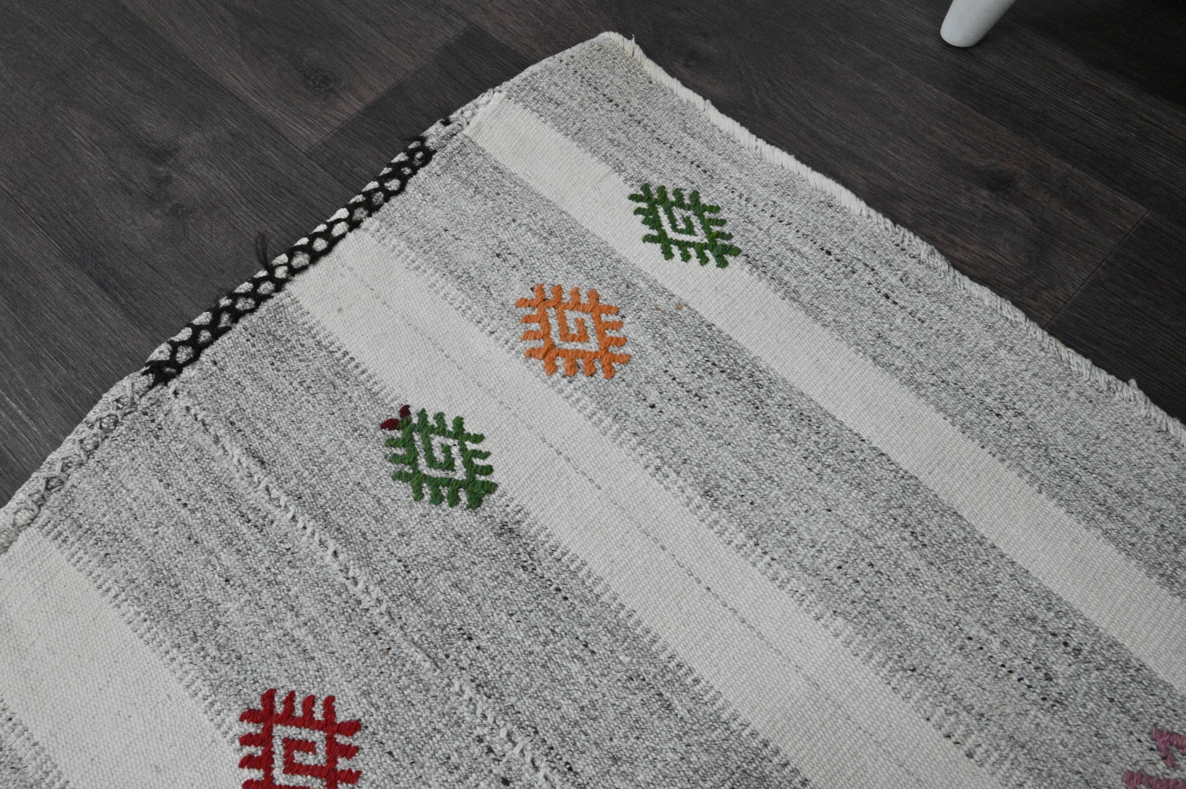 Vintage Turkish Kilim Rug 162x192 cm, Grey Stripes and Colorful Patterns