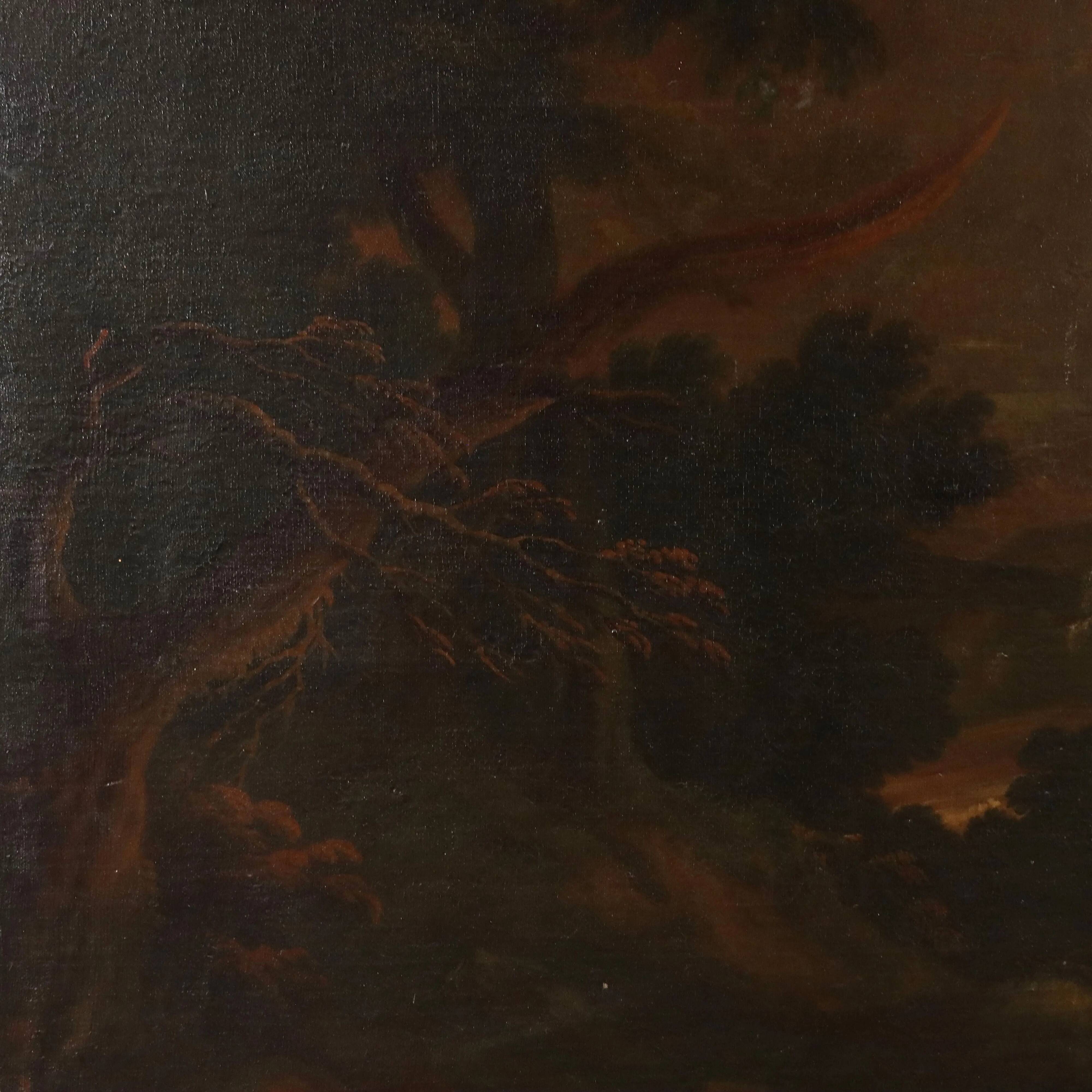 Old painting of a preaching scene, oil on canvas, 18th century.
