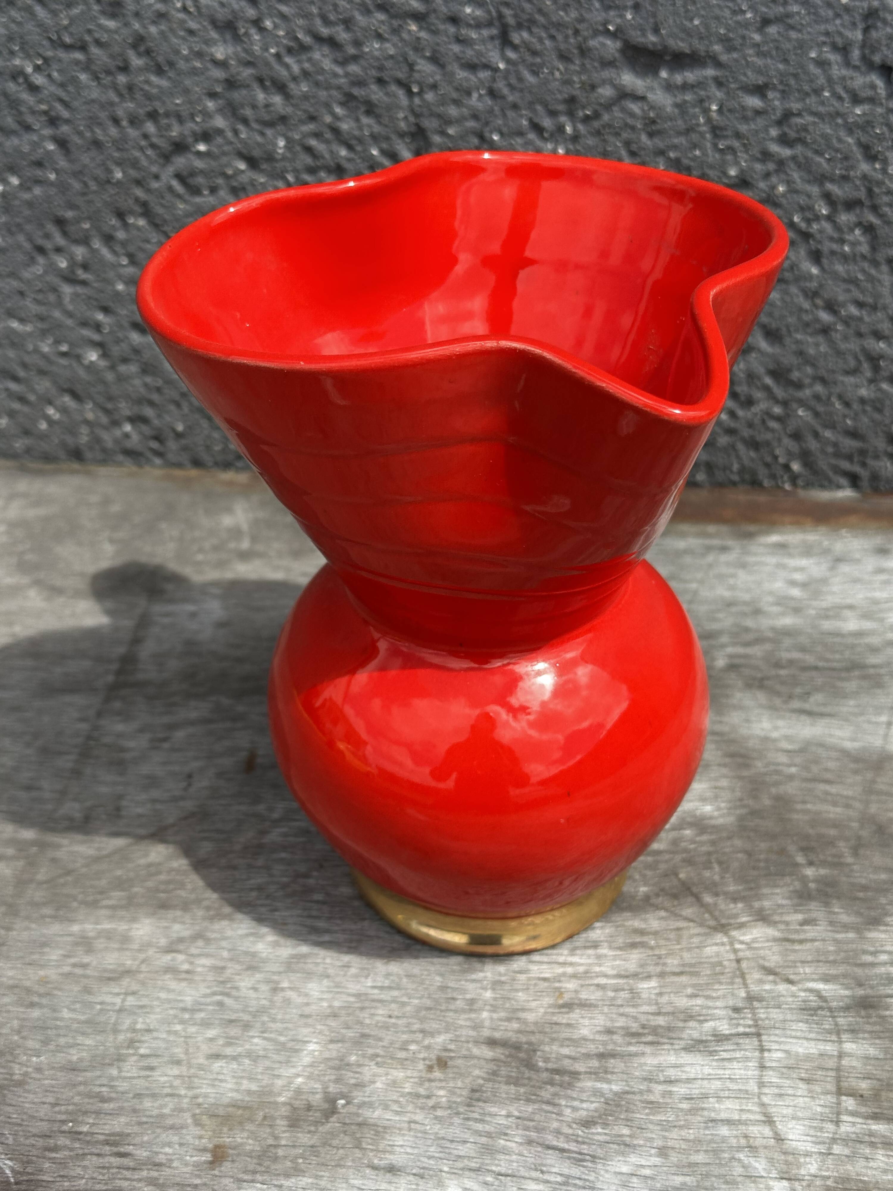 Red Pitcher Vase with Gold Accents Attributed to André Baud - Vallauris