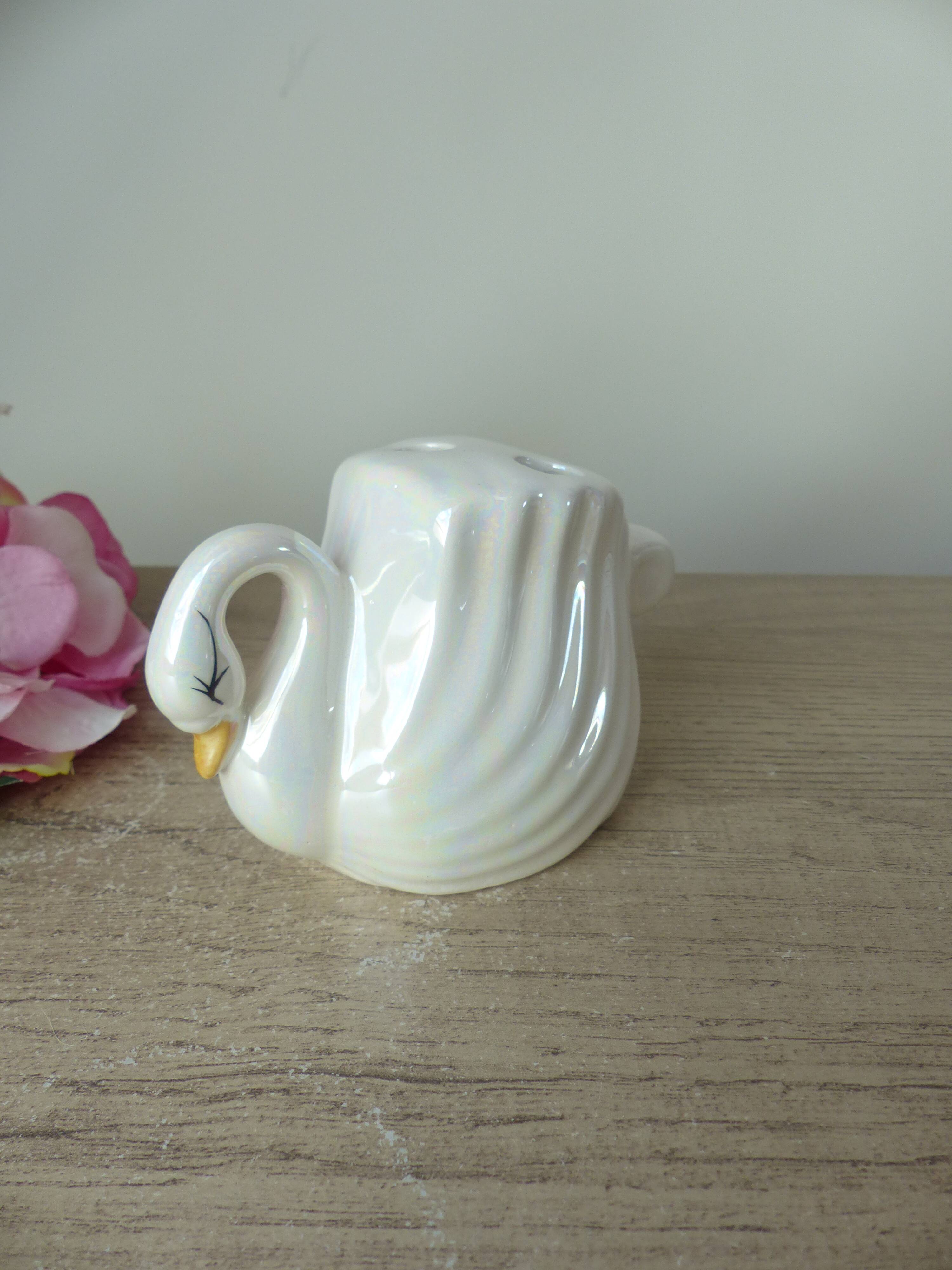 Iridescent White Ceramic Swan, Toothbrush Holder Swan, Bathroom Decoration Swan