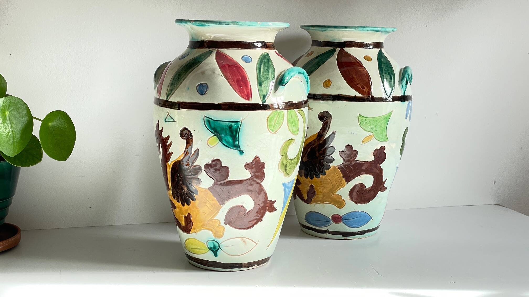 Italian Majolica Vases with Dragon Motif