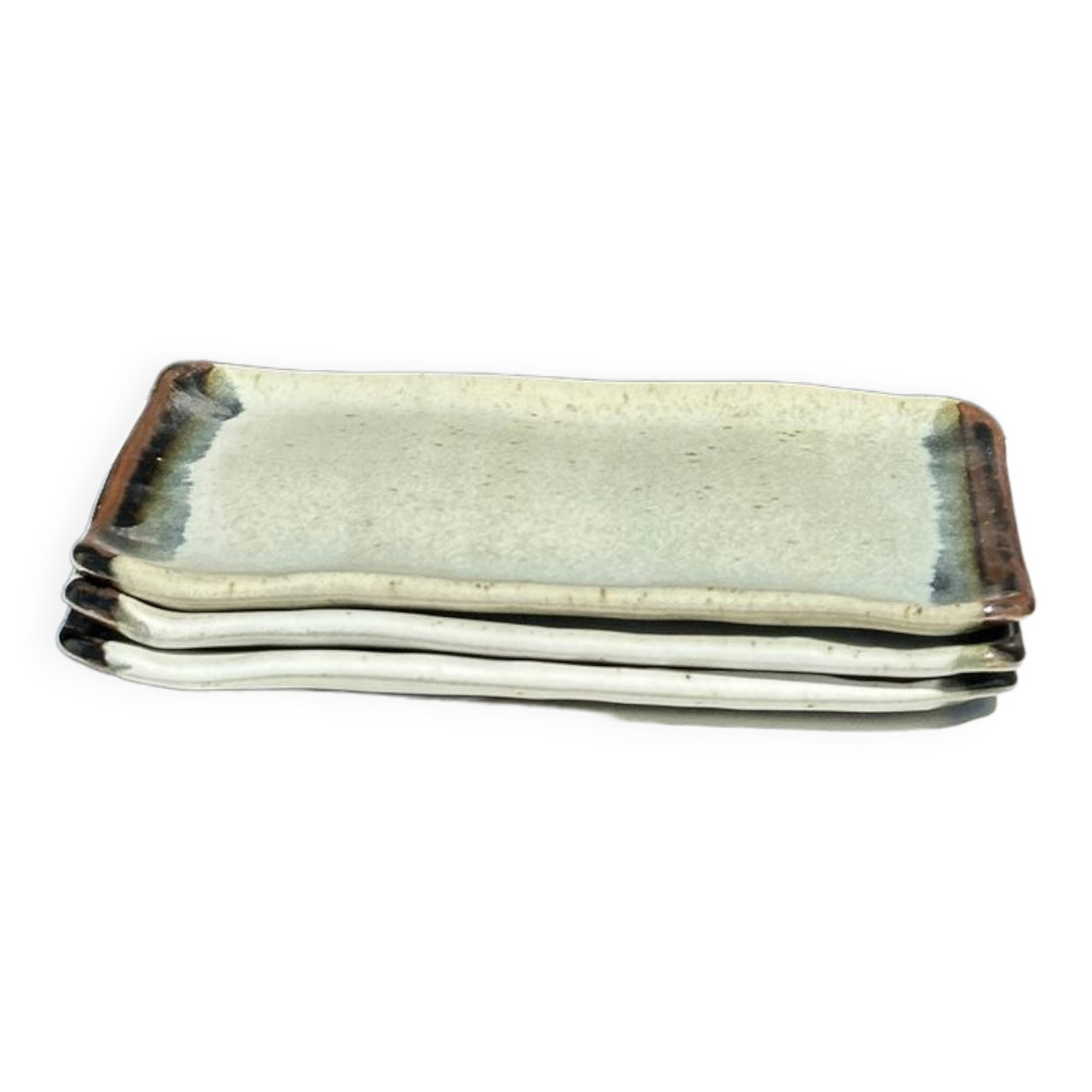 Trio of small rectangular serving dishes white and black Indonesian ceramic 21x16