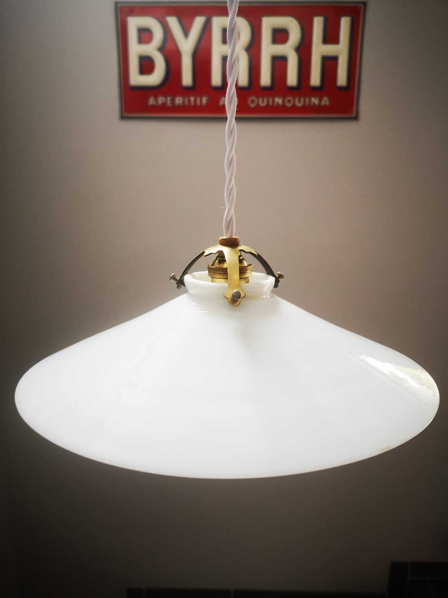 Ancienne suspension baladeuse en opaline blanche art déco 1930 ø 24.5 cm