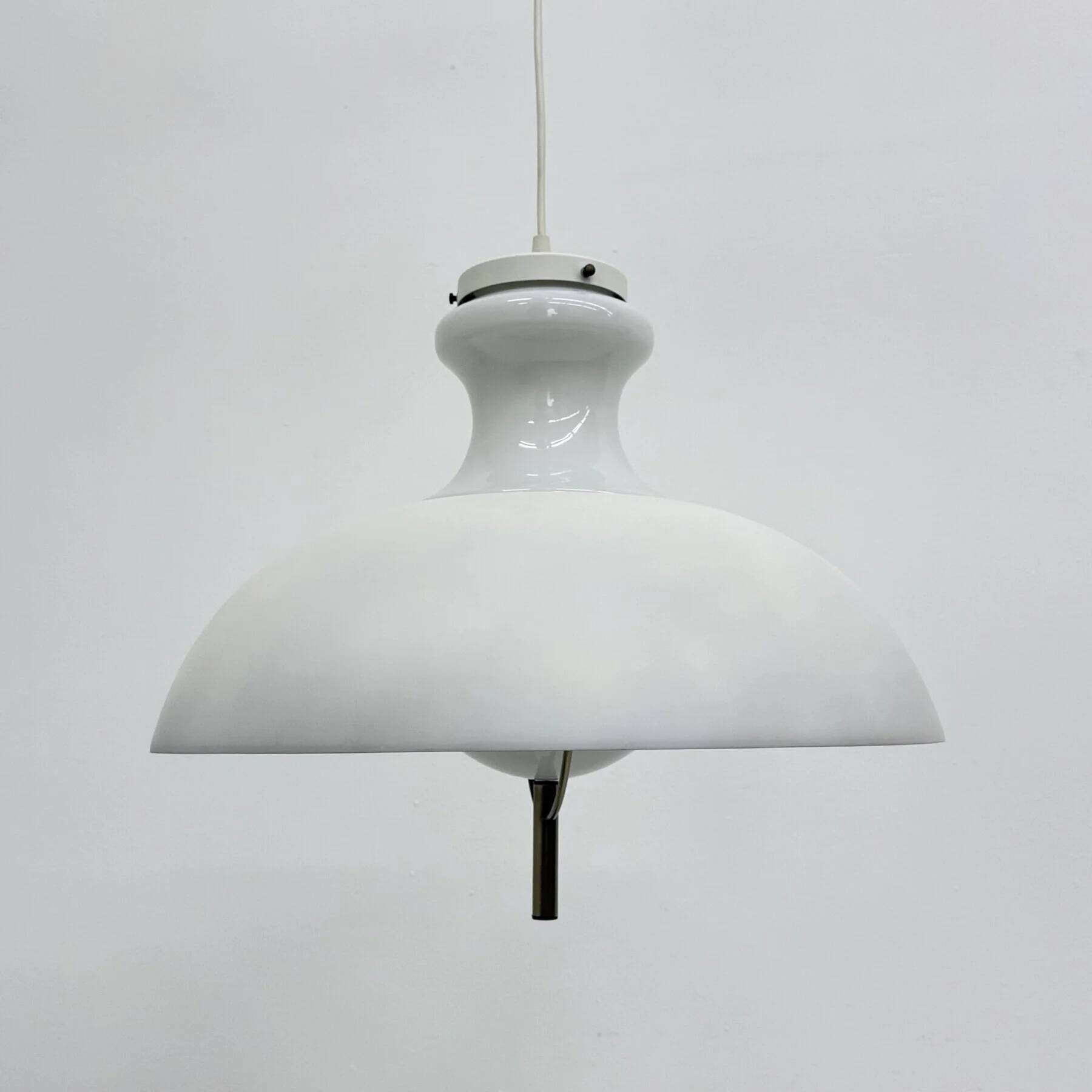 Vintage glass hanging lamp with metal shade minimalist design, 1970s