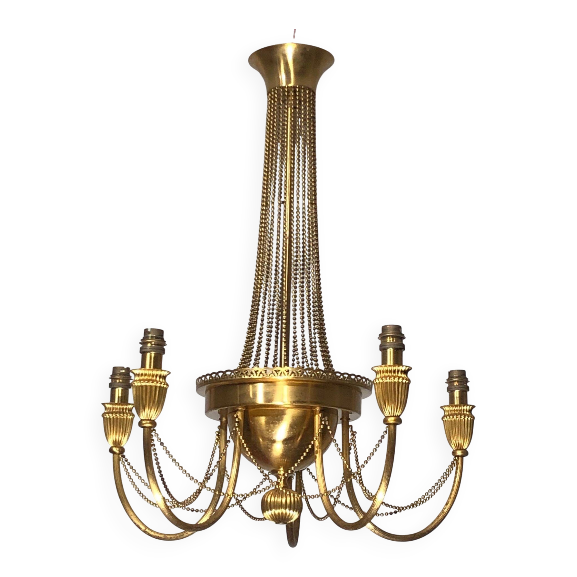 Neoclassical style brass chandelier decorated with pearl garlands