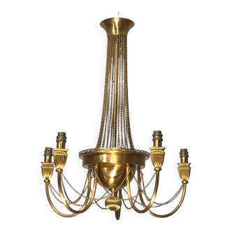 Neoclassical style brass chandelier decorated with pearl garlands