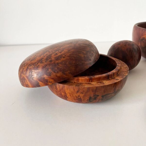 Ensemble coupe et boîtes en loupe d'orme vintage