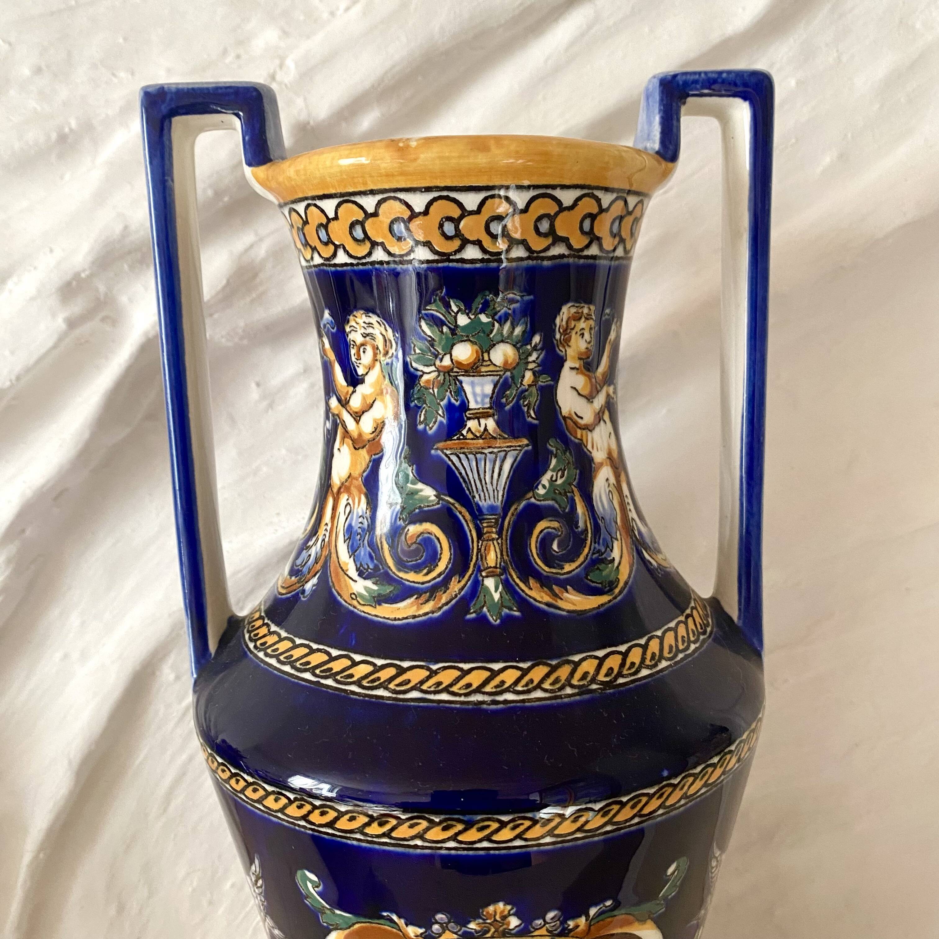 Renaissance decorated earthenware amphora vase from Gien