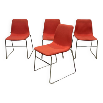 Set of 4 chairs in red fabric with chrome legs, 1990s