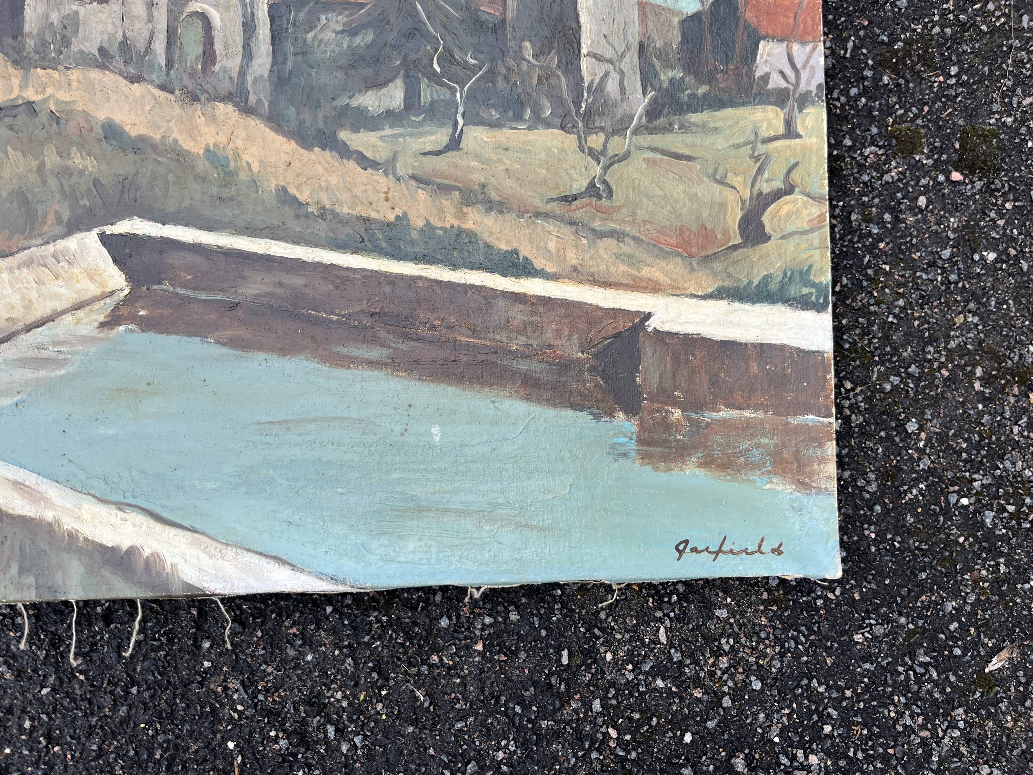 Provençal landscape tableau with a basin signed Janfield.