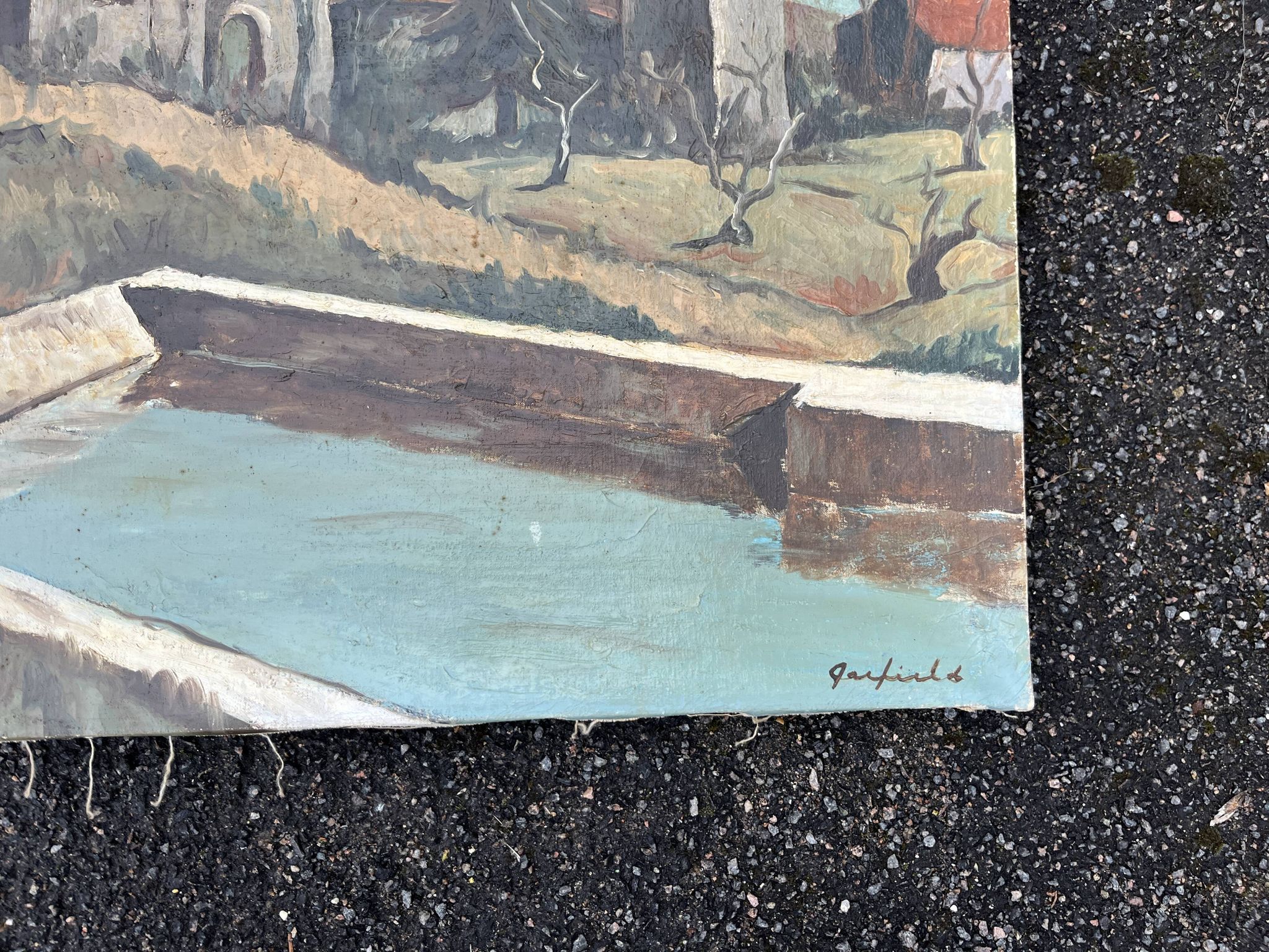 Tableau paysage provençal avec bassin signé Janfield